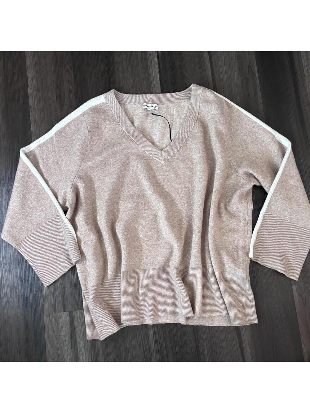 Ava & Viv Pullover Sweater Plus Size 3X Beige Tan V-Neck Long Sleeve